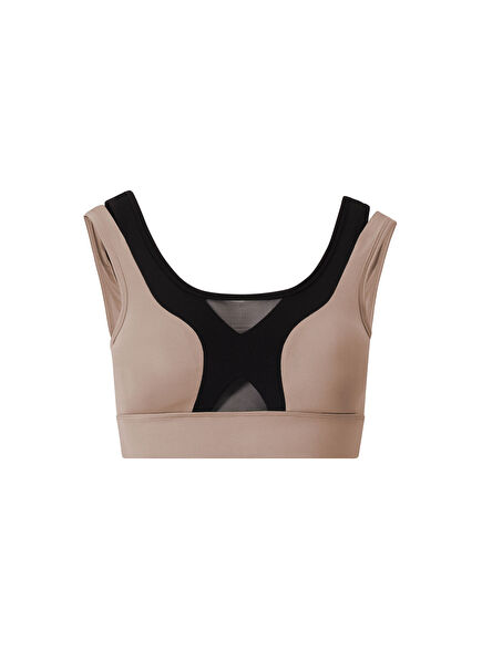 Bej Tül Detaylı Kadın Spor Sütyeni