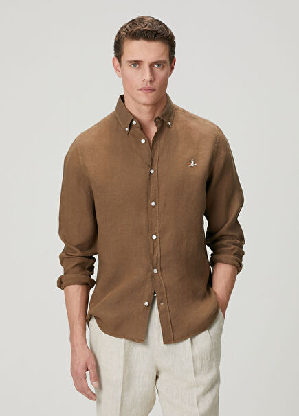 Comfort Fit Kahverengi Keten Gömlek