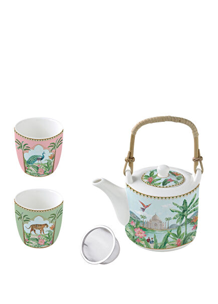 Paradise Sauvage Bitki ve Hayvan Desenli Porselen Çaydanlık ve 2'li Fincan Takımı Seti