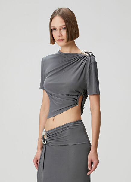 Gri Büzgülü Jersey T-shirt