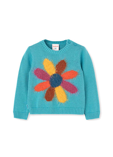 Düğmeli Çiçek Desenli Yün Kız Çocuk Kazak