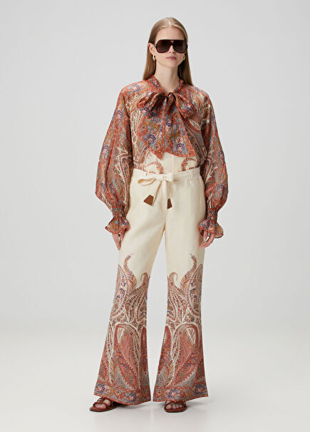 Krem Şal Desenli Keten Pantolon