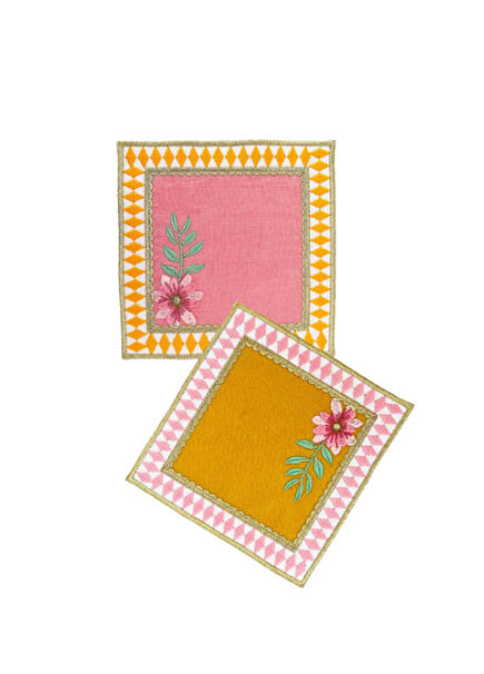 Pink and Yellow Checkered Linen 2-Piece Cocktail Napkin