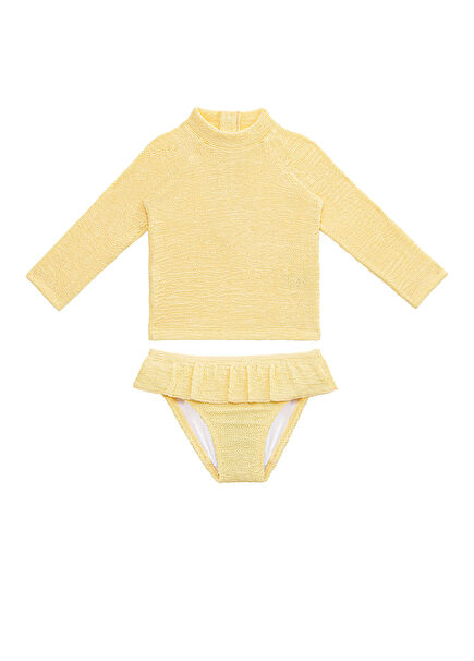 Butter Yellow Textured UV Protection Long Sleeve Baby Girl Swimsuit Set