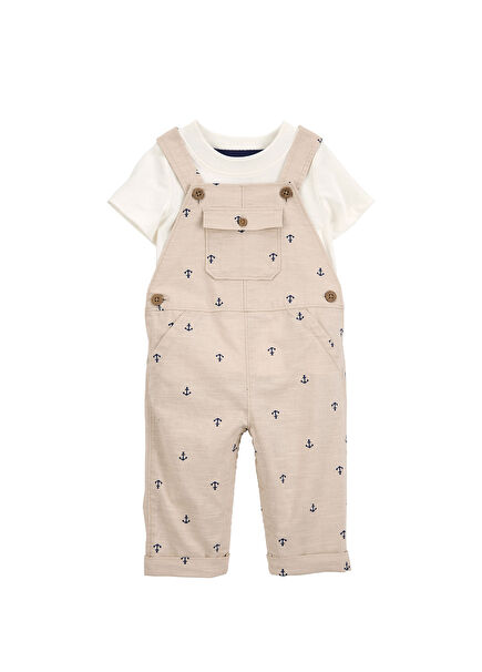 Brown Printed Salopet and Short Sleeve T-shirt Baby Boy Set of 2