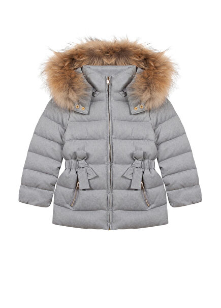 Gri Kapüşonlu Kız Çocuk Doudoune Mont