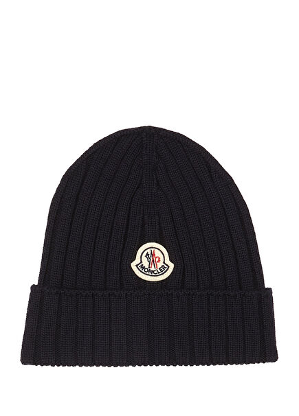 Navy Blue Logo Patched Unisex Wool Beanie