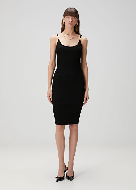 Siyah Jakarlı Midi Triko Elbise