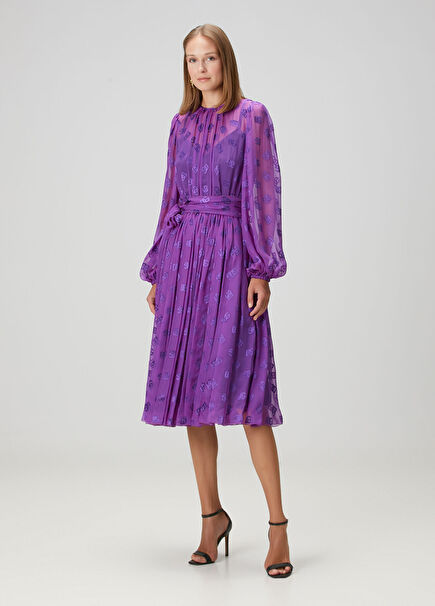 Devore Mor Jakarlı Midi İpek Elbise