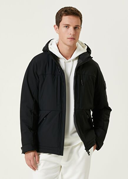 Black Hooded Coat with Sleeve Pocket Detail