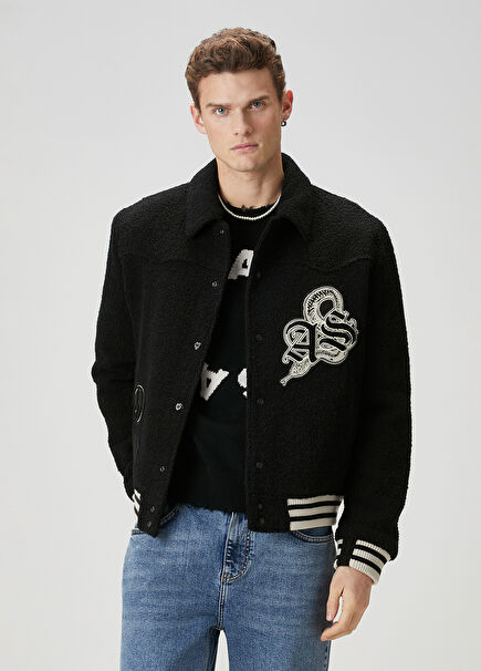 Ambaum Black Patch Detailed Wool Bomber Coat