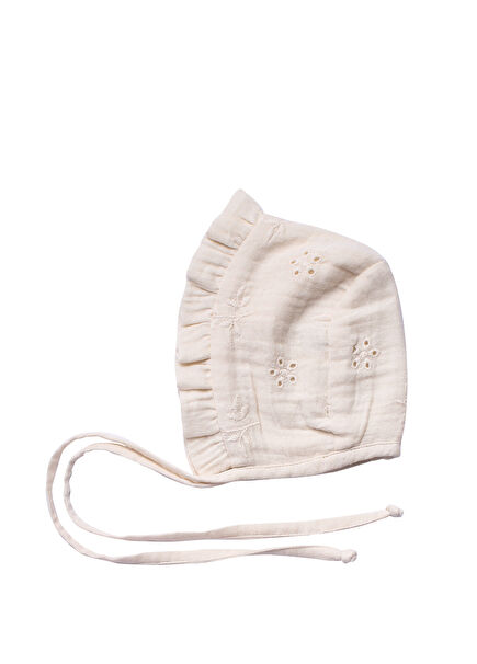 Cream Embroidered Ruffle Detailed Baby Girl Bonnet Baby Hat