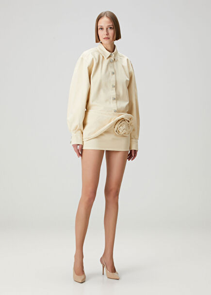 Bej Çiçek Detaylı Mini Etek