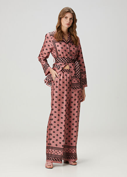 Pink Logo Patterned Silk Pants