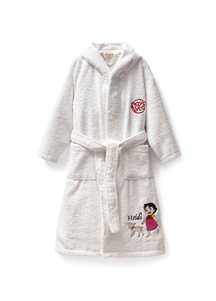 Beyaz Heidi Nakışlı Pamuklu Kız Çocuk Bornoz