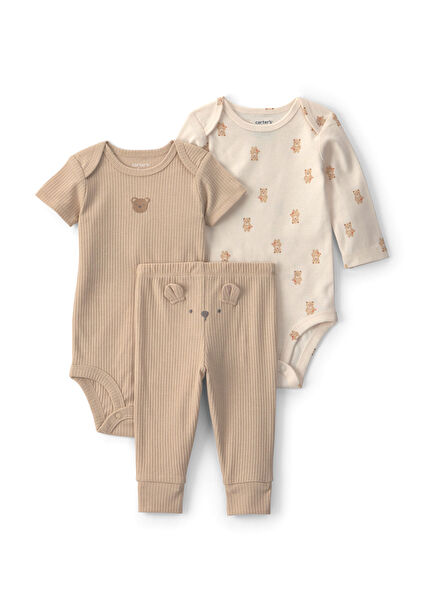 Kahverengi Ayı Temalı Pamuklu Unisex Bebek 3'lü Set