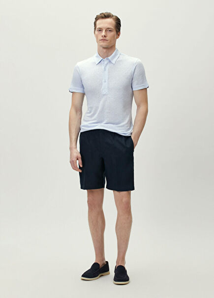 Navy Blue Waist Corded Linen Bermuda