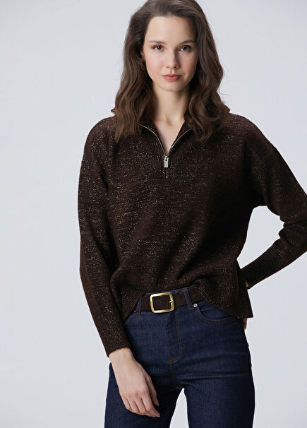 Brown Zippered Glitter Rope Sweater