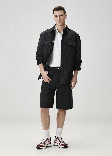 Laser Monogram Siyah Jakarlı Denim Bermuda