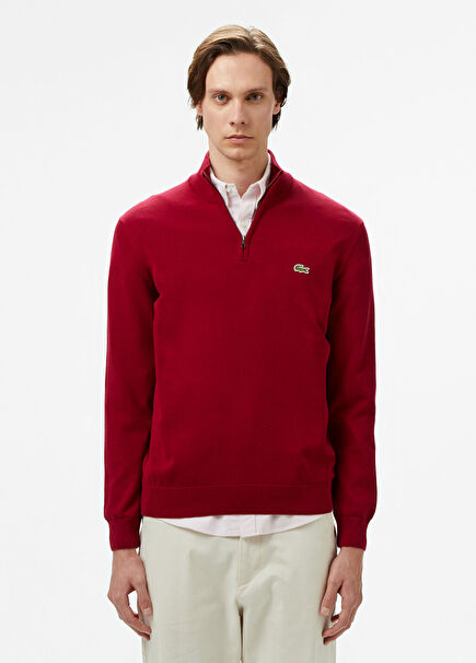 Kırmızı Pamuklu Yarım Fermuarlı Regular Fit Erkek Kazak