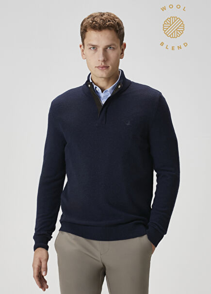 Navy Blue Cashmere Blend Wool Sweater