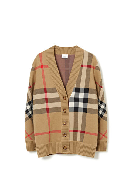 Beige Check Wool Blend Women's Cardigan