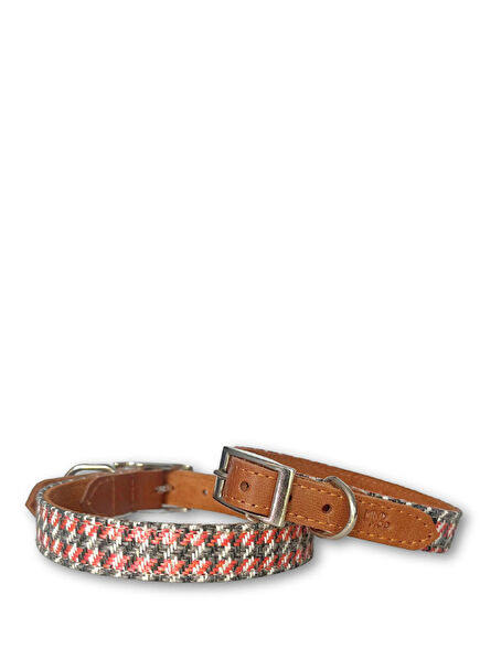 Hound's Tooth Red Grey Leather Dog Collar