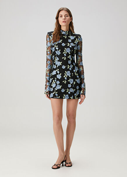 Blue Black Floral Mini Cocktail Dress
