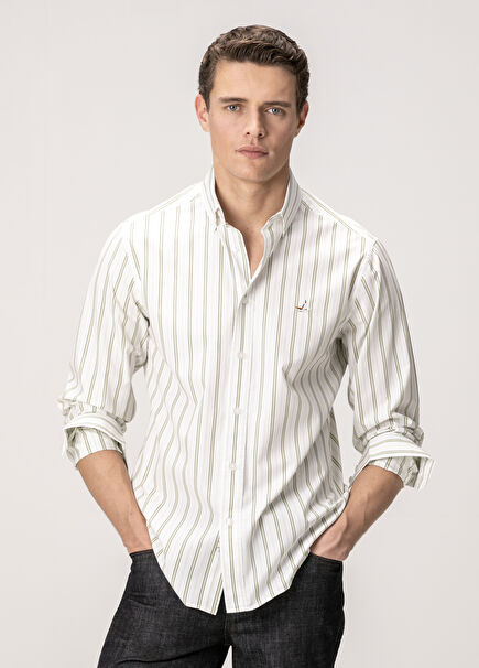 White Green Striped Comfort Fit Cotton Shirt