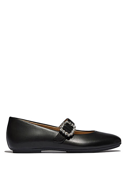 Delicato Black Leather Women's Ballet Flats with Crystal Buckle