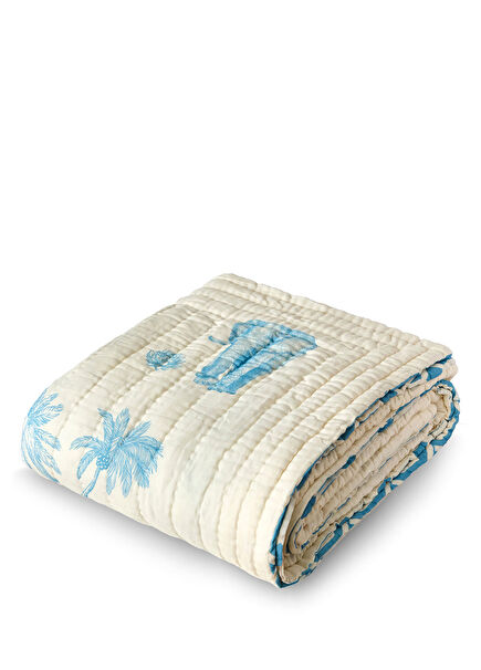 Lotus Açık Mavi Desenli Organik Pamuk Çift Kişilik Yatak Örtüsü 220 x 240 cm