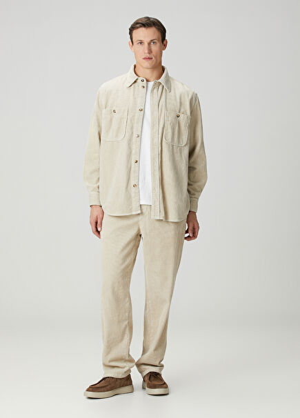 Nirlen Ekru Beli Kordonlu Kadife Pantolon