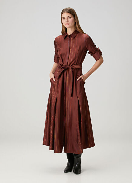 Brick Striped Maxi Silk Shirt Dress