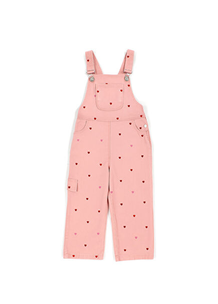 Pembe Denim Kalp Nakışlı Askılı Kız Çocuk Salopet Tulum