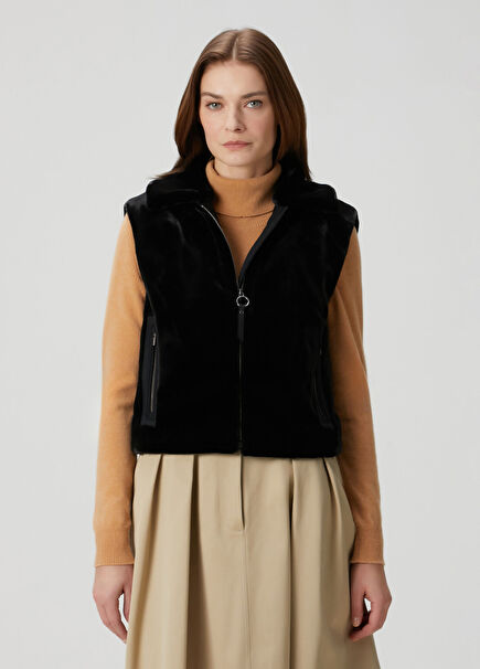 Piagina Siyah Kapüşonlu Shearling Yelek