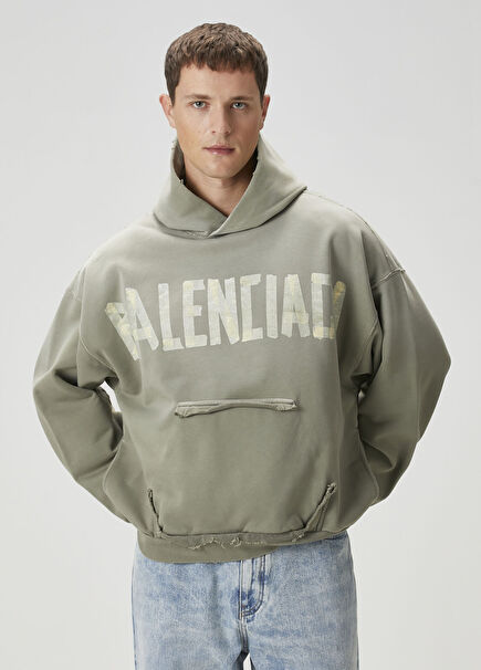 Large Fit Khaki Hooded Logo Sweatshirt