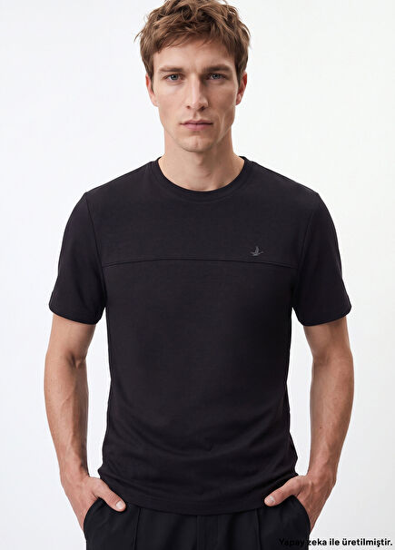 Relaxed Fit Navy Blue Ribbed Detail T-shirt