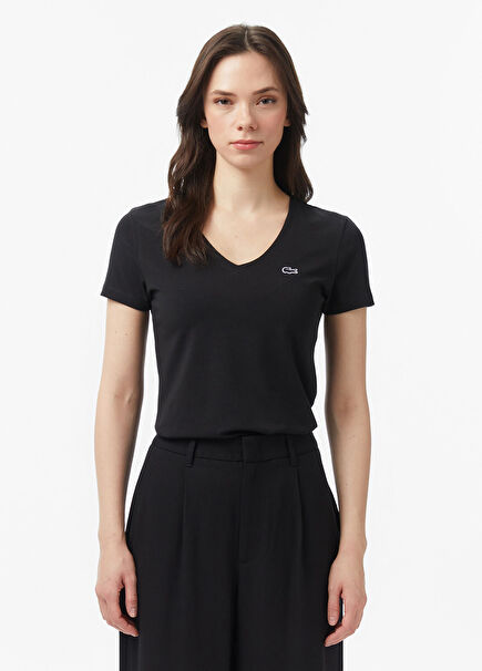 Siyah V Yaka Slim Fit Kısa Kollu Kadın T-Shirt