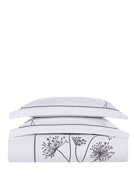Gloria White Anthracite Cotton Satin Embroidered King Size Duvet Cover Set 240 x 220 cm