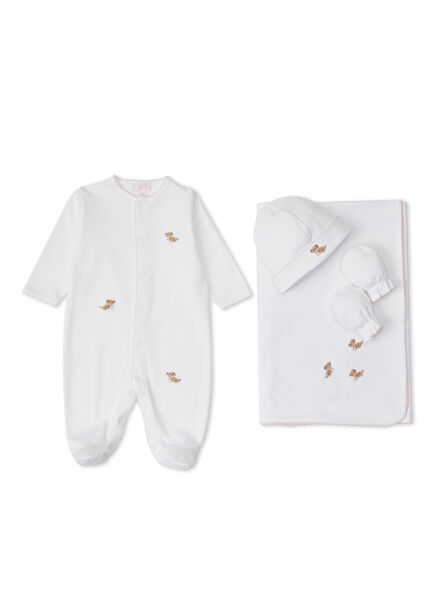 Beyaz Köpek Nakışlı 4lü Unisex Bebek Hediye Seti