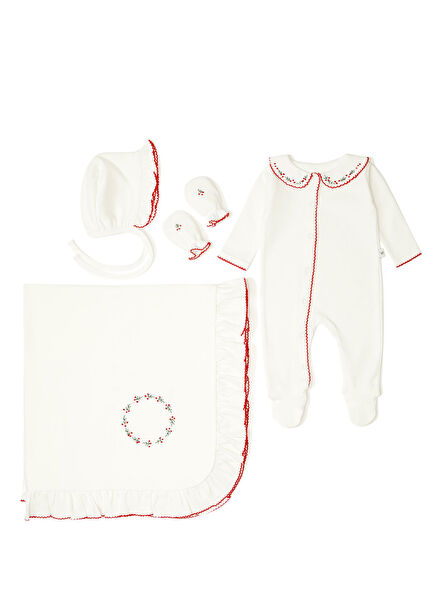 Kırmızı Çelenk Nakışlı 4 Parça Yenidoğan Seti