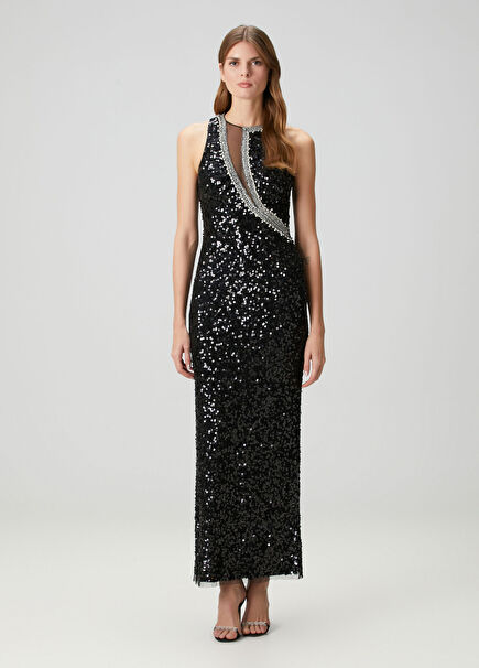 Black Embellished Maxi Evening Dress
