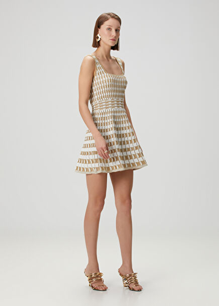 Gold Patterned Mini Knit Dress