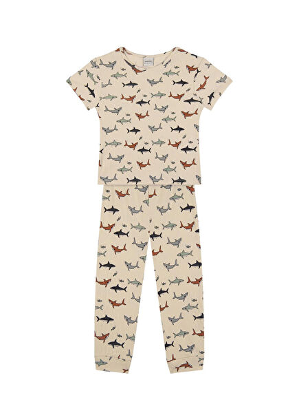Bej Köpekbalığı Desenli Kısa Kollu Erkek Çocuk Pijama Takımı
