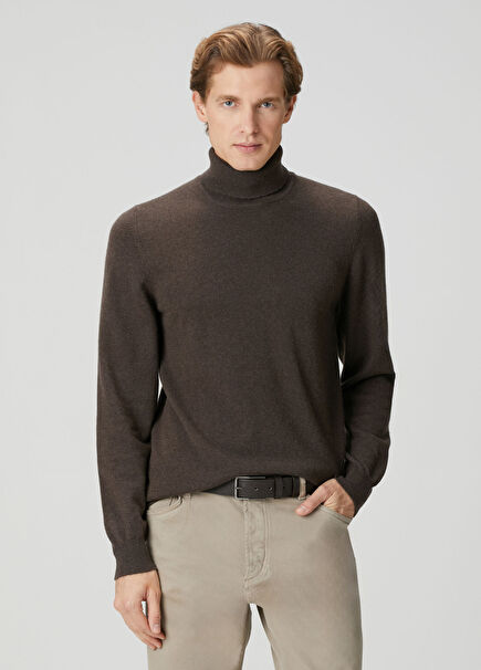 Kahverengi Balıkçı Yaka Yün Kazak