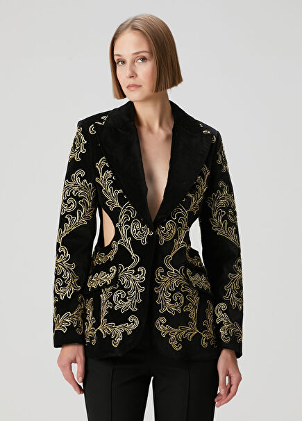 Siyah Gold İşlemeli Cut Out Ceket