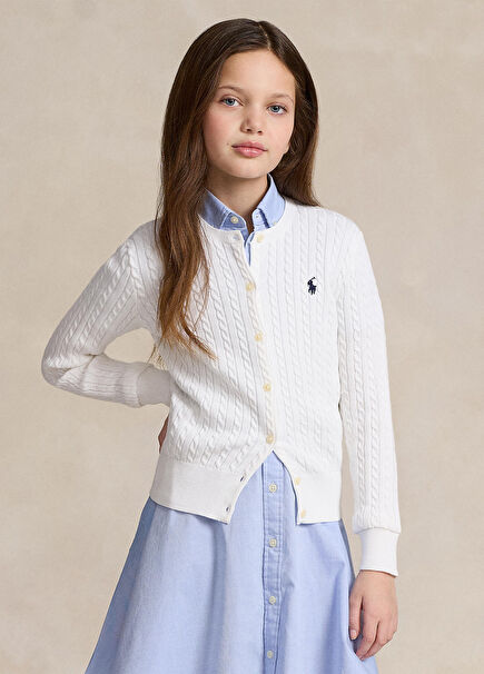 White Braided Girl's Knitwear Cardigan
