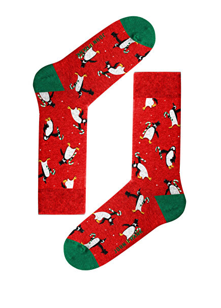 Kırmızı Penguen Desenli Logolu Kadın Çorap