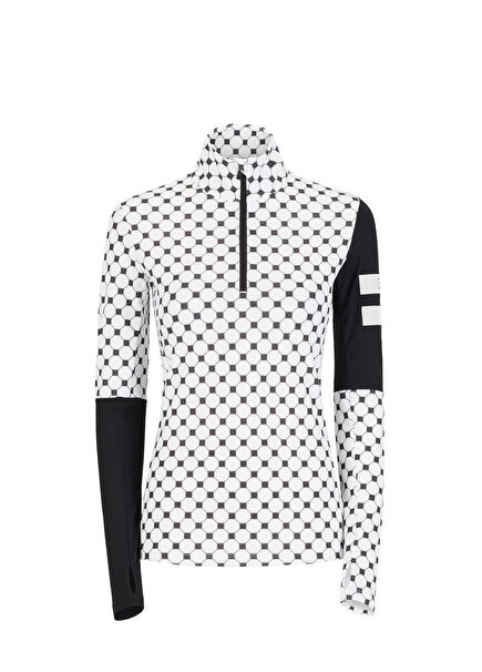 T-Neck With Printed Logo Half Zipper Black White Women's Sports Bodysuit