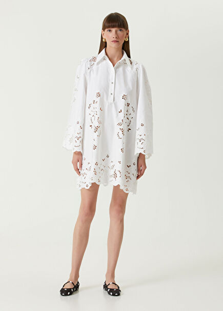 White Embroidered Mini Shirt Dress